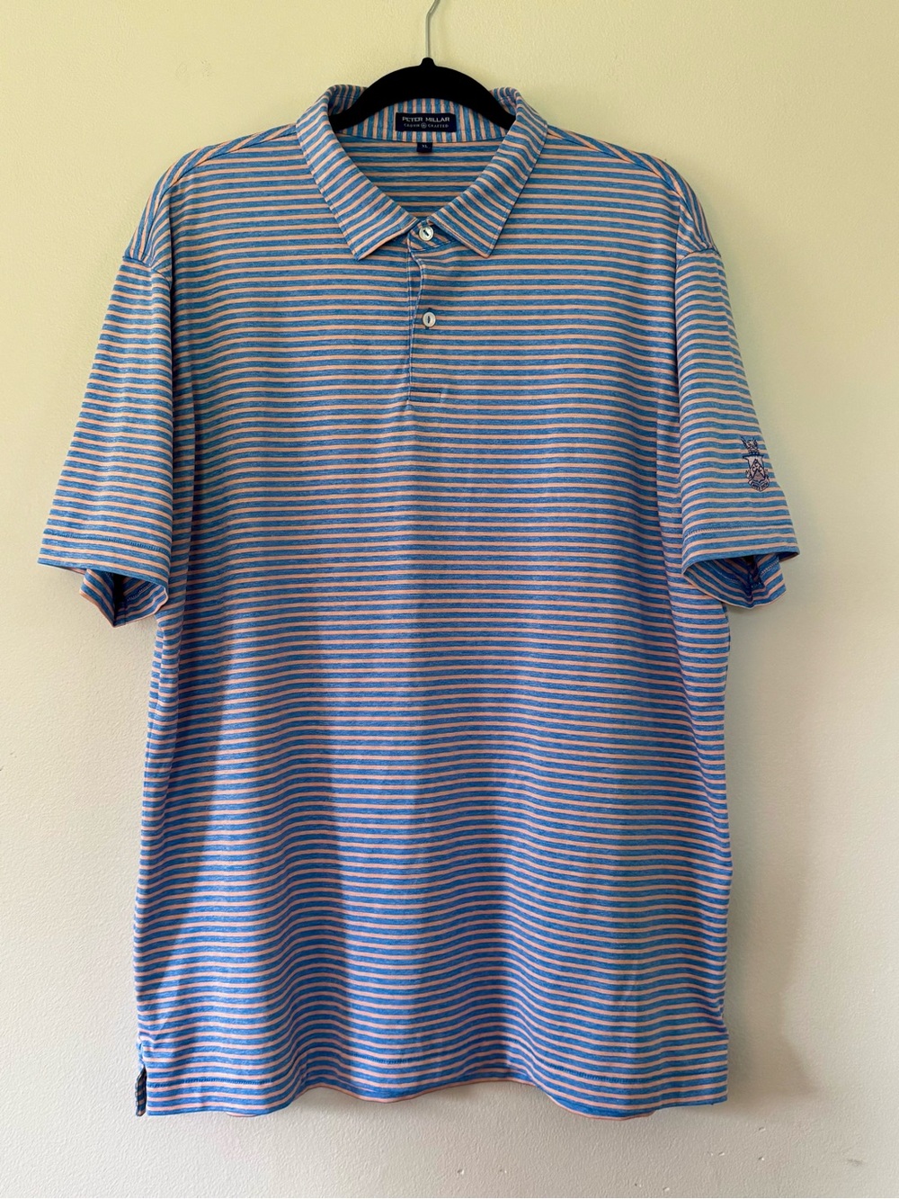 Peter Millar Crown Crafted Men’s Blue and Pink Stripe Polo Shirt with CCC Logo